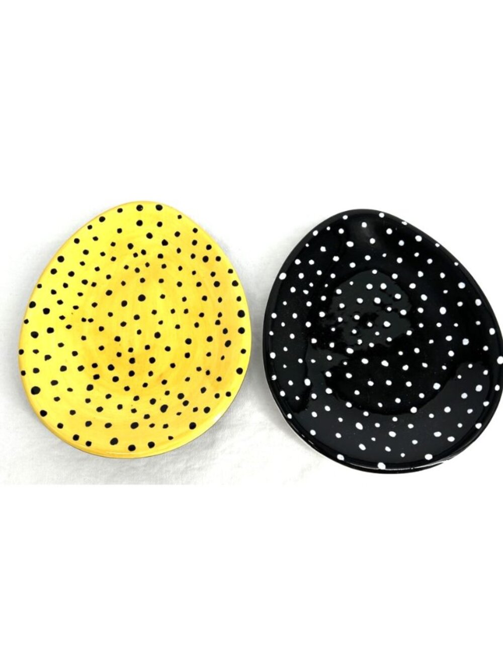 Dept 56 Egg Plates Lot of 2 Black White Yellow Ceramic 8.5” Easter Spring